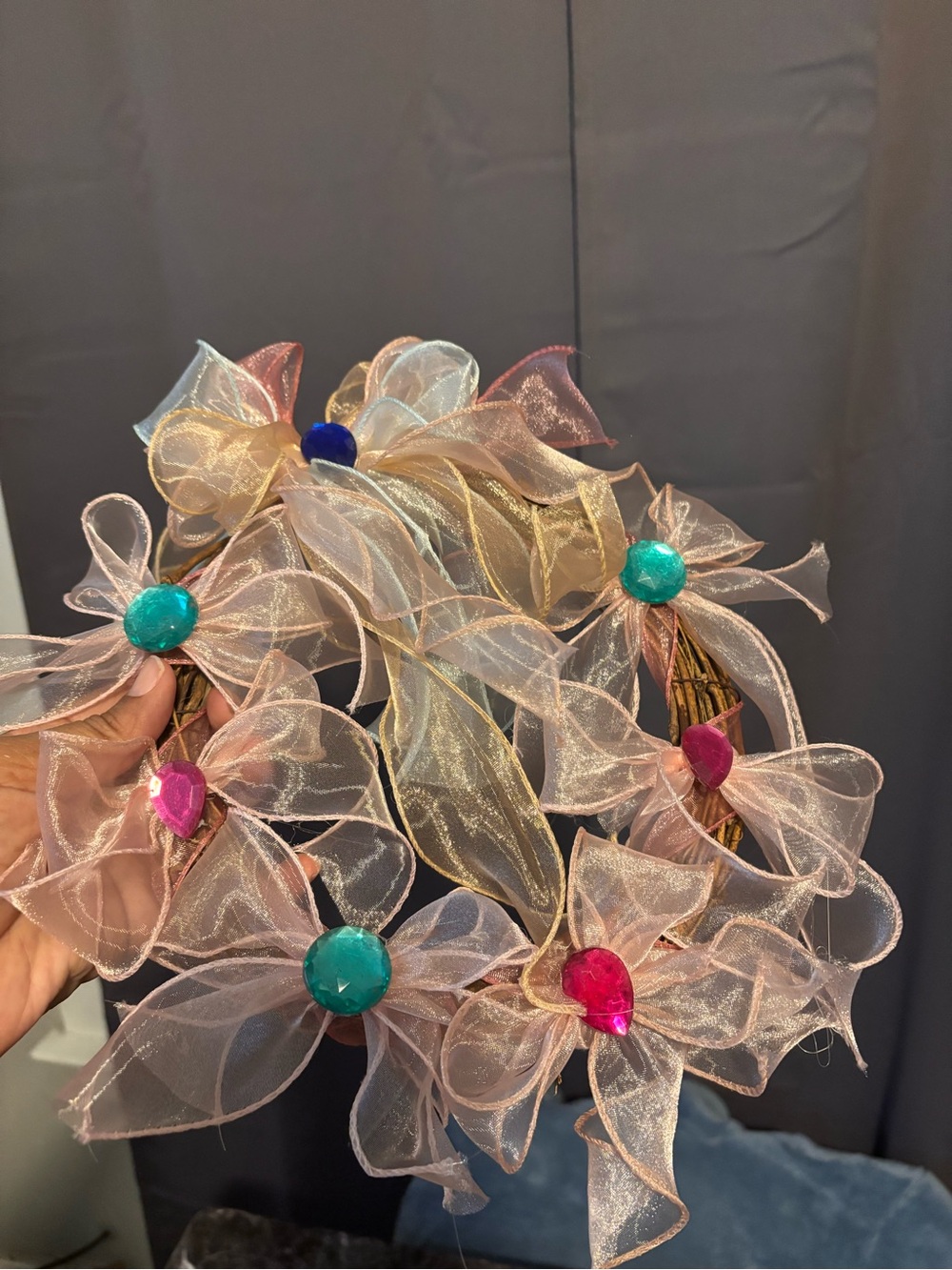 Sheer Pink Ribbon Floral Tissue Box Cover with Colorful Gem Accents